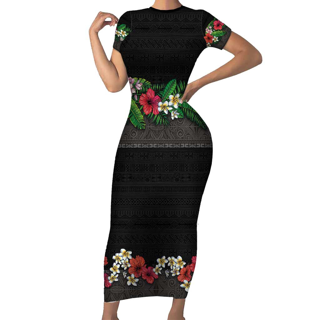 Hawaiian Tropical Flowers and Tribal Polynesian Tattoo Short Sleeve Bodycon Dress Black Color