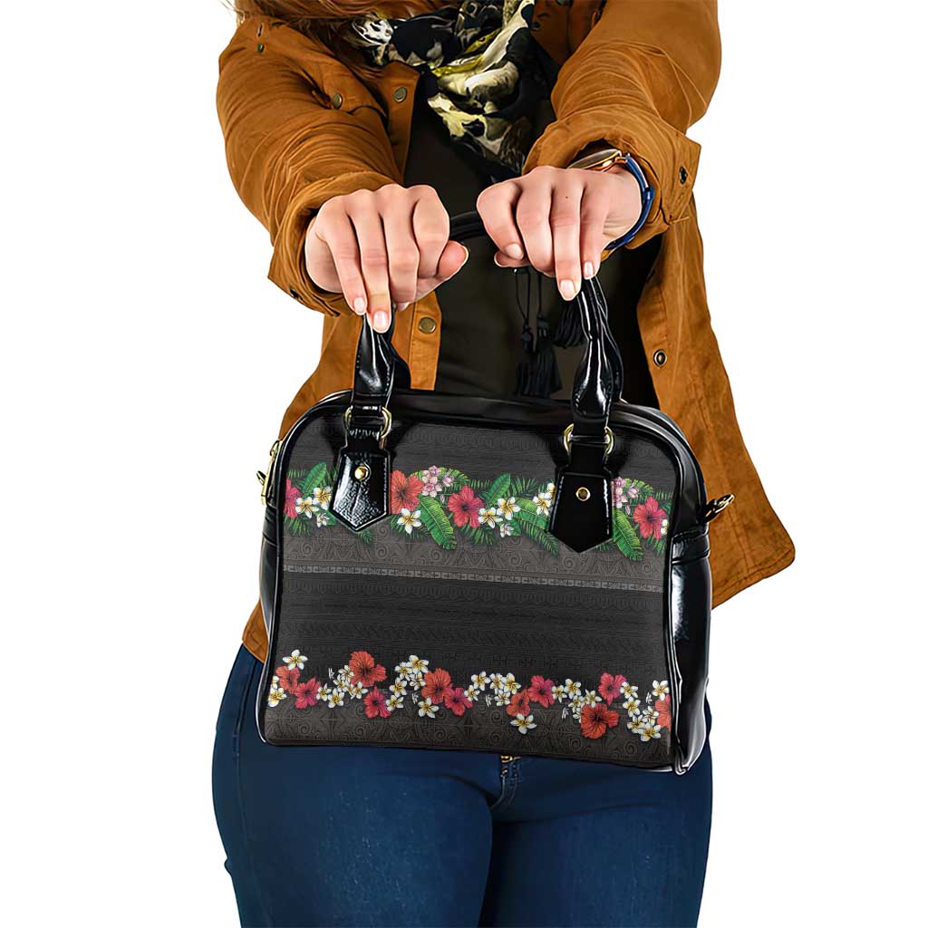 Hawaiian Tropical Flowers and Tribal Polynesian Tattoo Shoulder Handbag Black Color