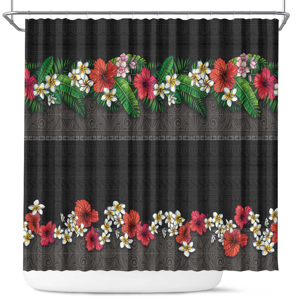 Hawaiian Tropical Flowers and Tribal Polynesian Tattoo Shower Curtain Black Color