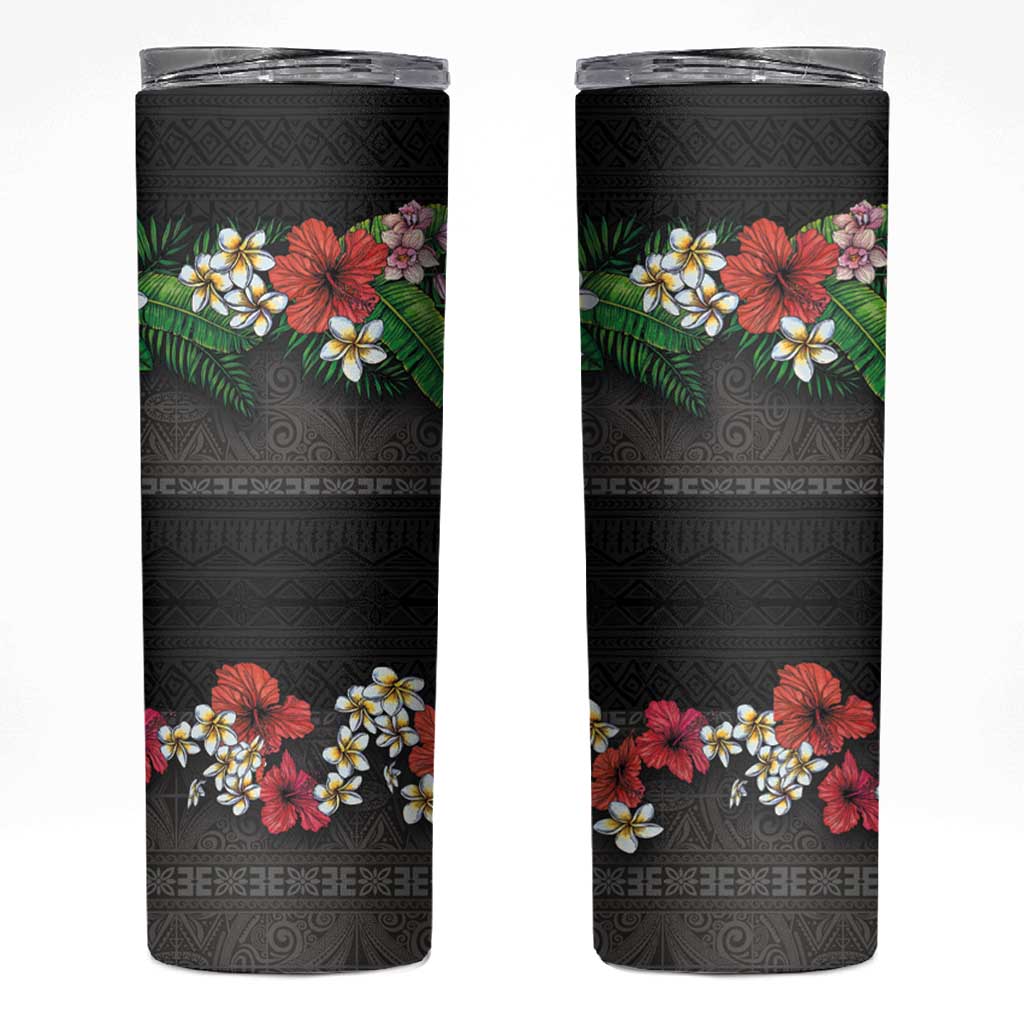 Hawaiian Tropical Flowers and Tribal Polynesian Tattoo Skinny Tumbler Black Color