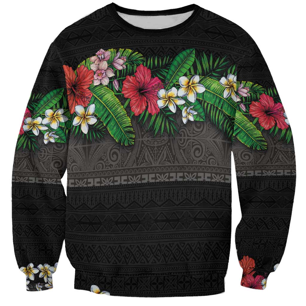 Hawaiian Tropical Flowers and Tribal Polynesian Tattoo Sweatshirt Black Color