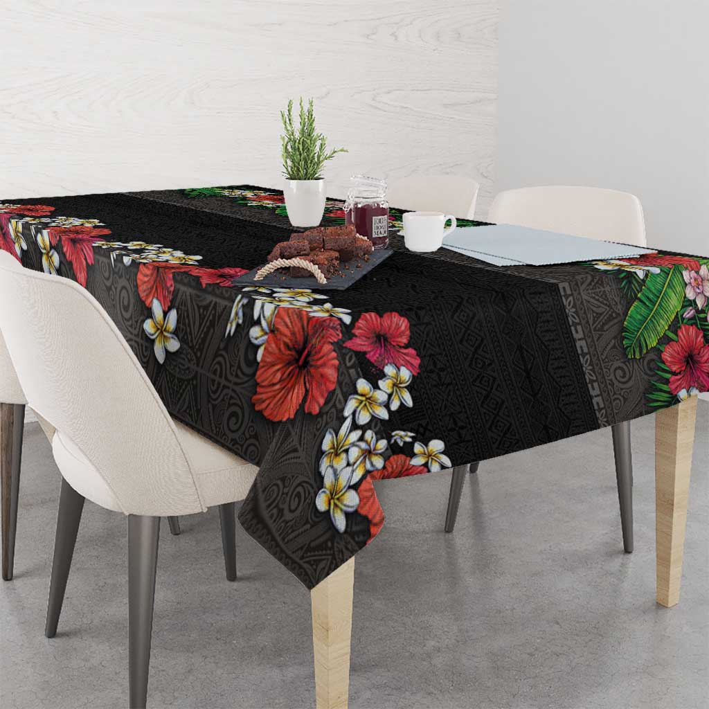 Hawaiian Tropical Flowers and Tribal Polynesian Tattoo Tablecloth Black Color LT03 - Polynesian Pride