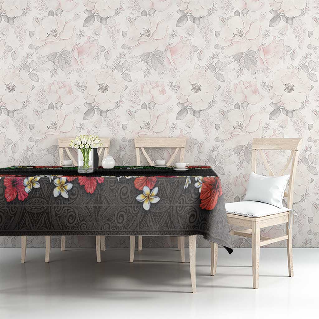 Hawaiian Tropical Flowers and Tribal Polynesian Tattoo Tablecloth Black Color LT03 - Polynesian Pride