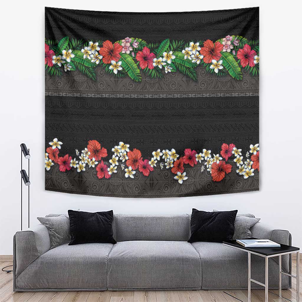 Hawaiian Tropical Flowers and Tribal Polynesian Tattoo Tapestry Black Color