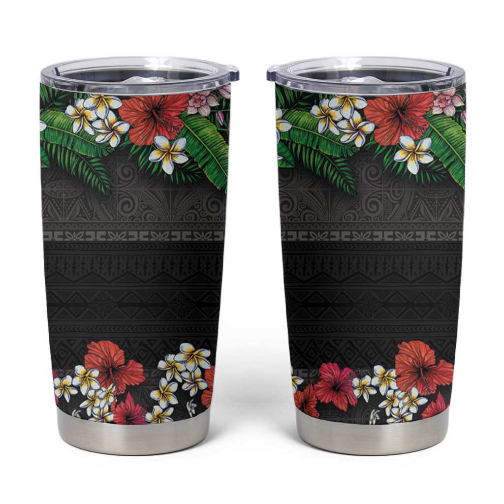 Hawaiian Tropical Flowers and Tribal Polynesian Tattoo Tumbler Cup Black Color