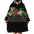 Hawaiian Tropical Flowers and Tribal Polynesian Tattoo Wearable Blanket Hoodie Black Color