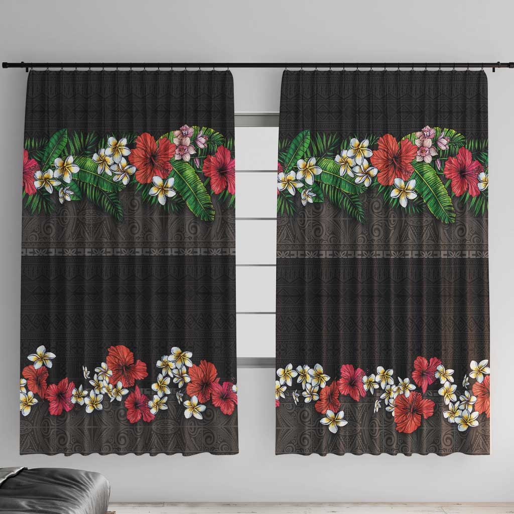 Hawaiian Tropical Flowers and Tribal Polynesian Tattoo Window Curtain Black Color LT03 With Hooks Black - Polynesian Pride