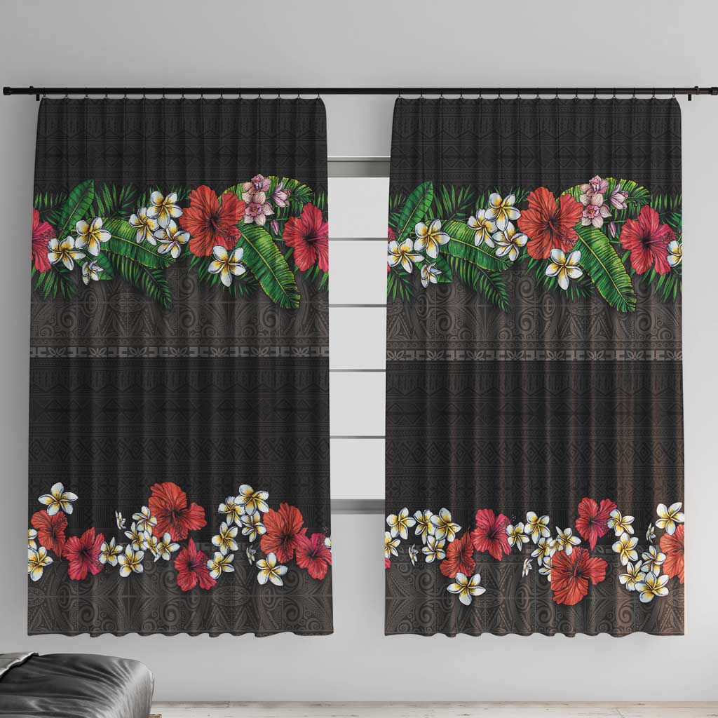 Hawaiian Tropical Flowers and Tribal Polynesian Tattoo Window Curtain Black Color