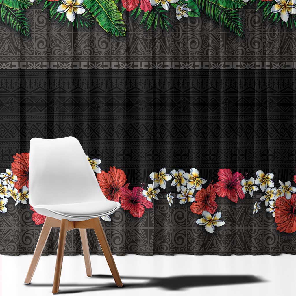Hawaiian Tropical Flowers and Tribal Polynesian Tattoo Window Curtain Black Color LT03 - Polynesian Pride