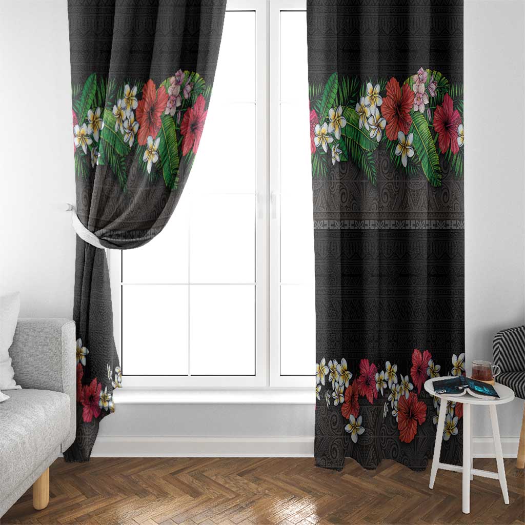 Hawaiian Tropical Flowers and Tribal Polynesian Tattoo Window Curtain Black Color LT03 - Polynesian Pride