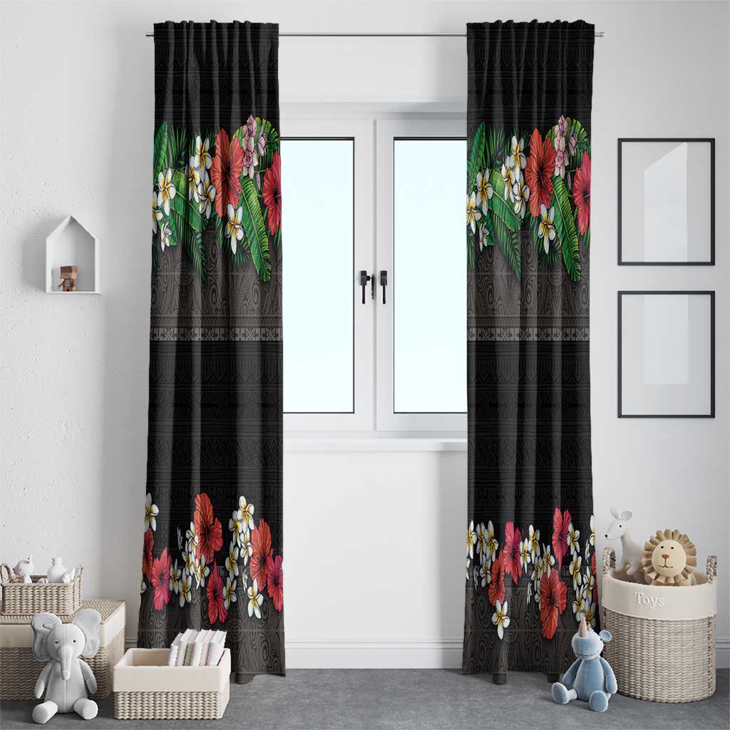 Hawaiian Tropical Flowers and Tribal Polynesian Tattoo Window Curtain Black Color LT03 - Polynesian Pride