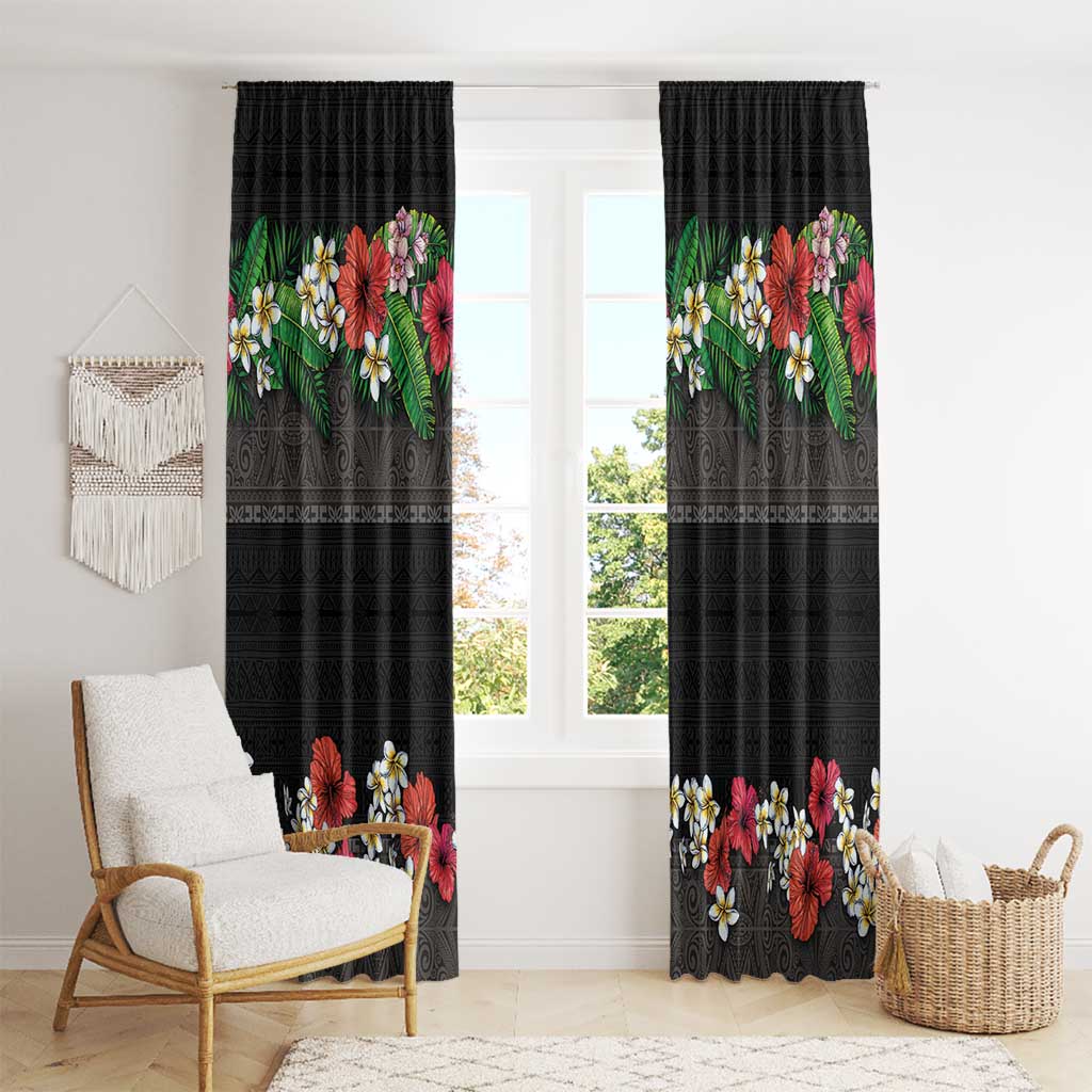 Hawaiian Tropical Flowers and Tribal Polynesian Tattoo Window Curtain Black Color LT03 - Polynesian Pride