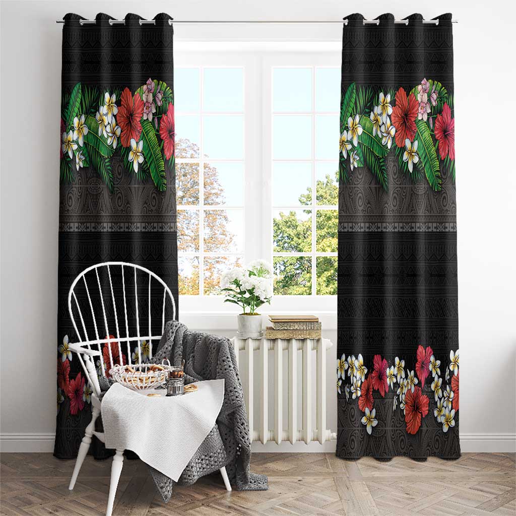Hawaiian Tropical Flowers and Tribal Polynesian Tattoo Window Curtain Black Color LT03 - Polynesian Pride