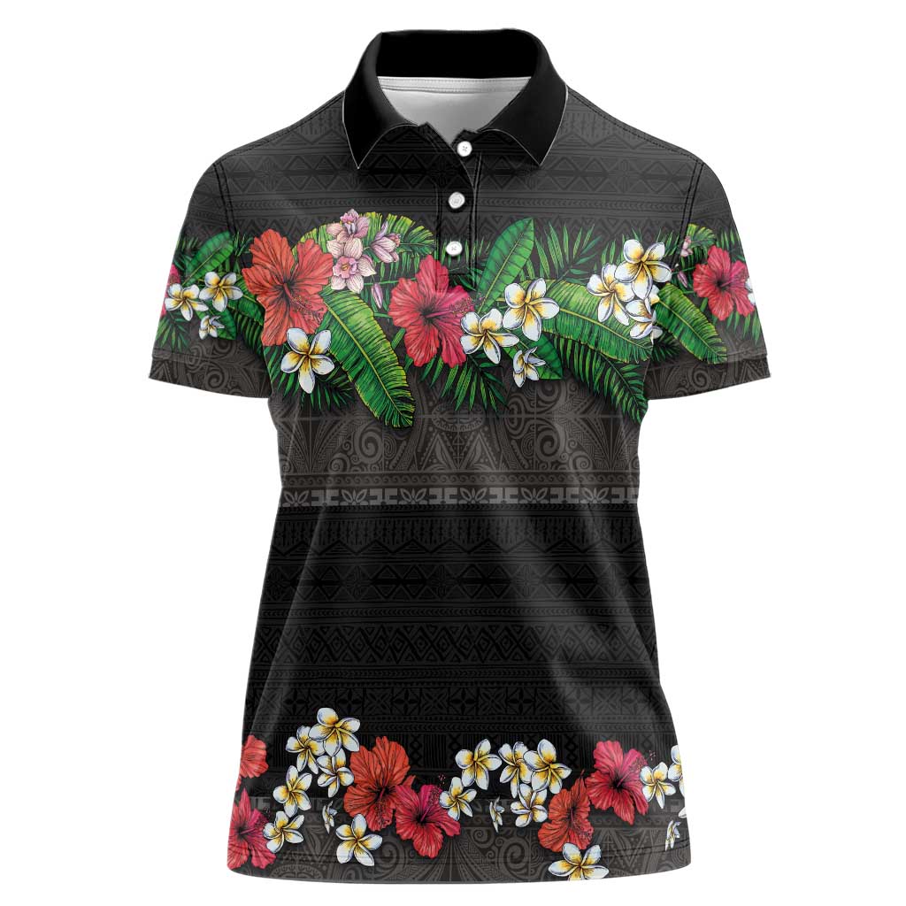 Hawaiian Tropical Flowers and Tribal Polynesian Tattoo Women Polo Shirt Black Color