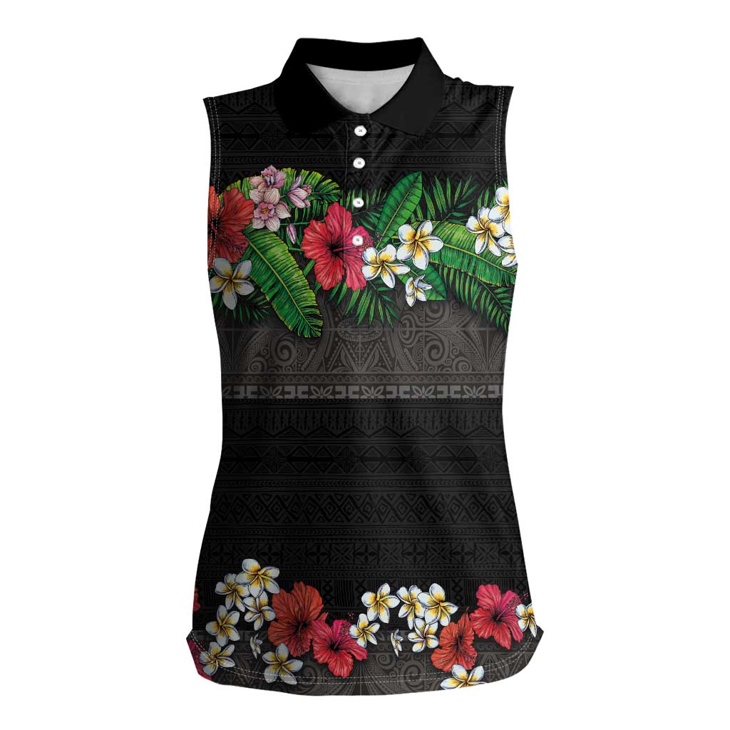 Hawaiian Tropical Flowers and Tribal Polynesian Tattoo Women Sleeveless Polo Shirt Black Color