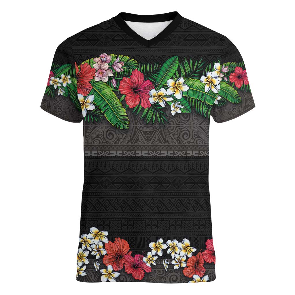 Hawaiian Tropical Flowers and Tribal Polynesian Tattoo Women V-Neck T-Shirt Black Color LT03 Female Black - Polynesian Pride