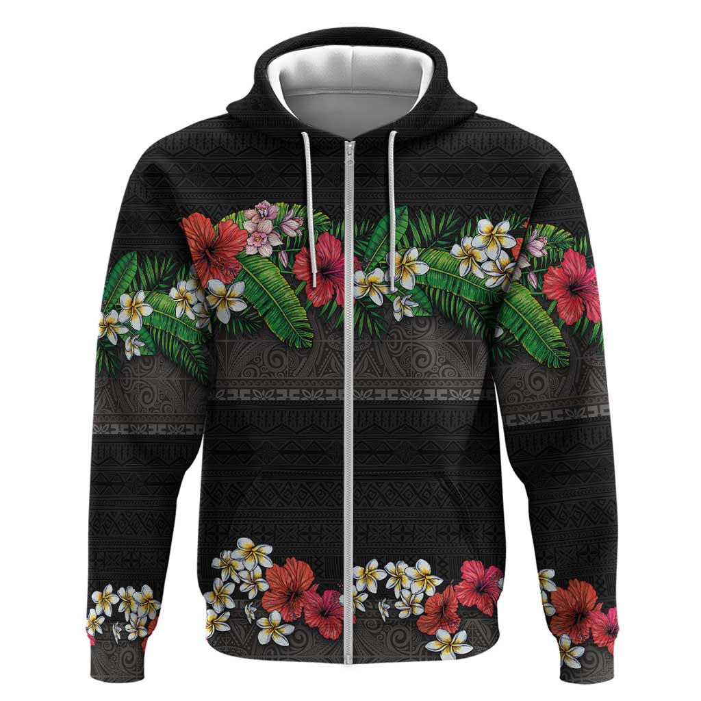 Hawaiian Tropical Flowers and Tribal Polynesian Tattoo Zip Hoodie Black Color