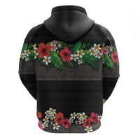 Hawaiian Tropical Flowers and Tribal Polynesian Tattoo Zip Hoodie Black Color