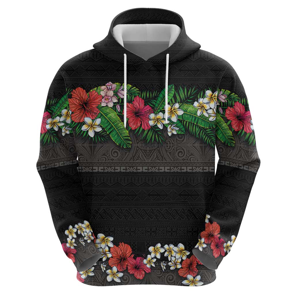 Hawaiian Tropical Flowers and Tribal Polynesian Tattoo Zip Hoodie Black Color