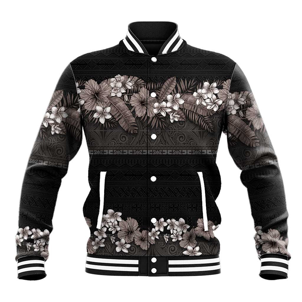 Hawaiian Tropical Flowers and Tribal Polynesian Tattoo Baseball Jacket Grayscale Mode LT03 Unisex Black - Polynesian Pride