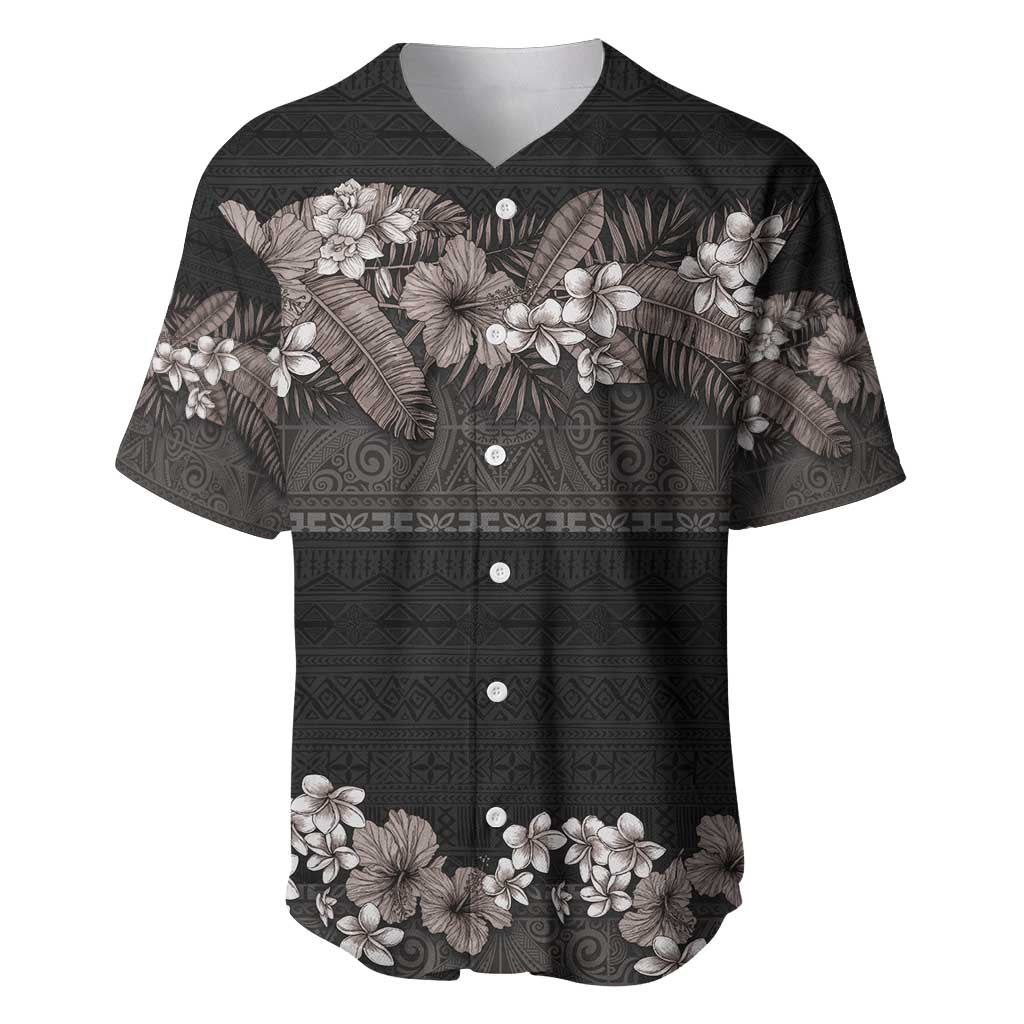 Hawaiian Tropical Flowers and Tribal Polynesian Tattoo Baseball Jersey Grayscale Mode