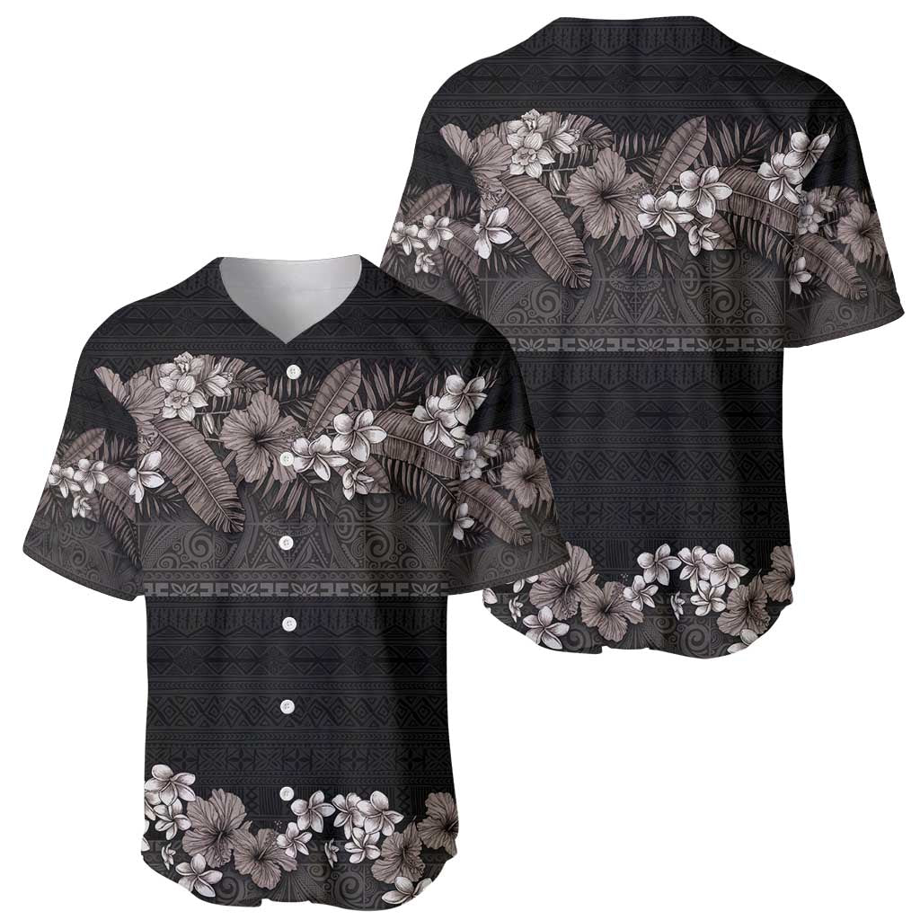 Hawaiian Tropical Flowers and Tribal Polynesian Tattoo Baseball Jersey Grayscale Mode