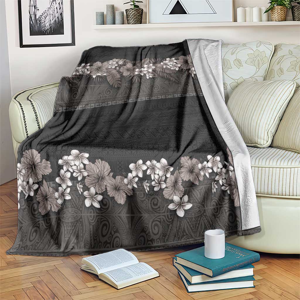 Hawaiian Tropical Flowers and Tribal Polynesian Tattoo Blanket Grayscale Mode LT03 Black - Polynesian Pride