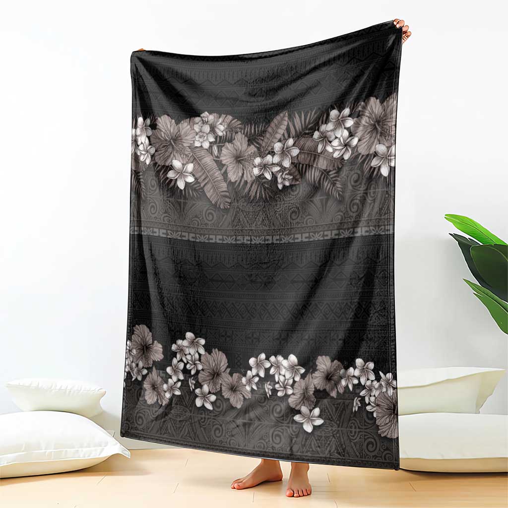 Hawaiian Tropical Flowers and Tribal Polynesian Tattoo Blanket Grayscale Mode LT03 - Polynesian Pride