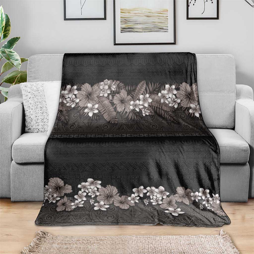 Hawaiian Tropical Flowers and Tribal Polynesian Tattoo Blanket Grayscale Mode LT03 - Polynesian Pride