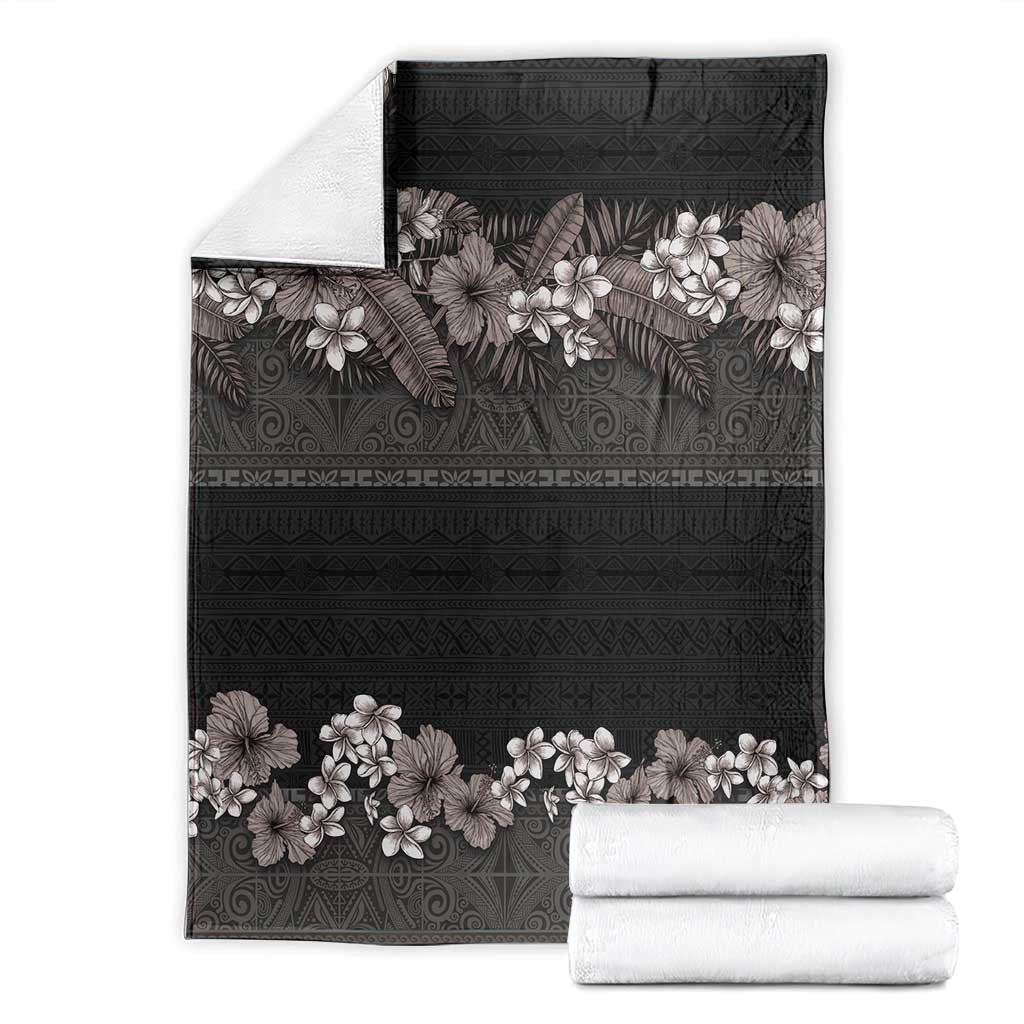 Hawaiian Tropical Flowers and Tribal Polynesian Tattoo Blanket Grayscale Mode LT03 - Polynesian Pride