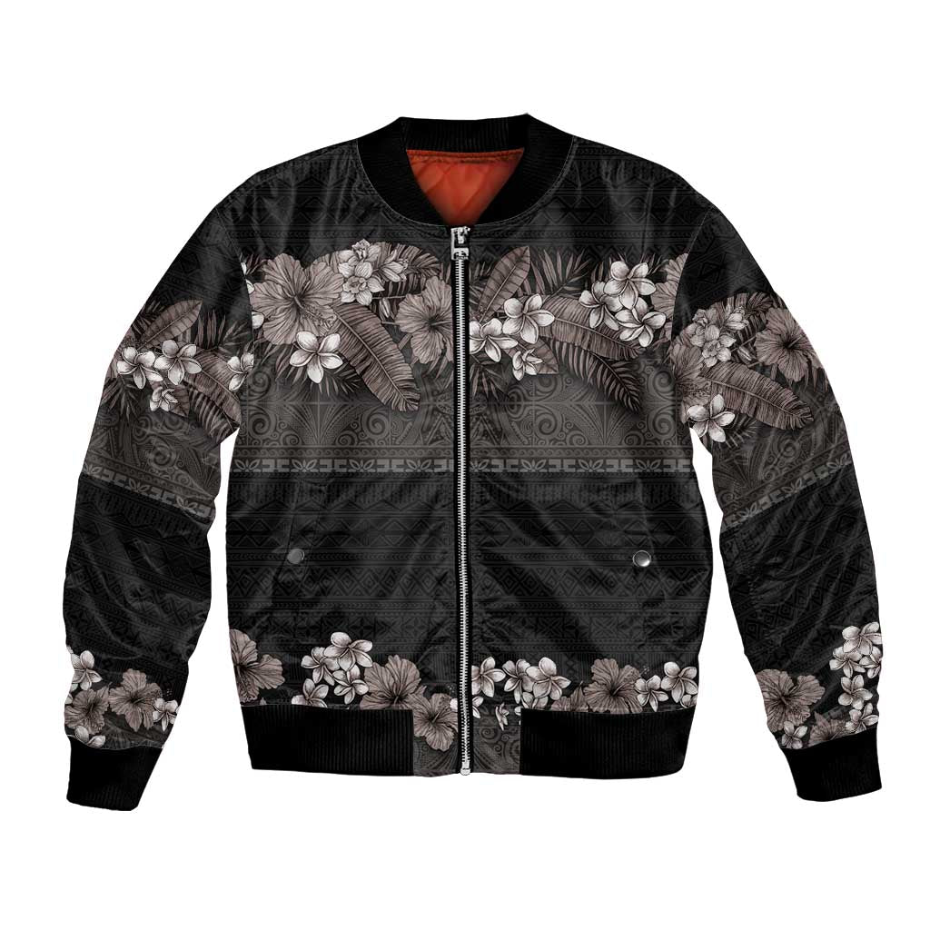 Hawaiian Tropical Flowers and Tribal Polynesian Tattoo Bomber Jacket Grayscale Mode