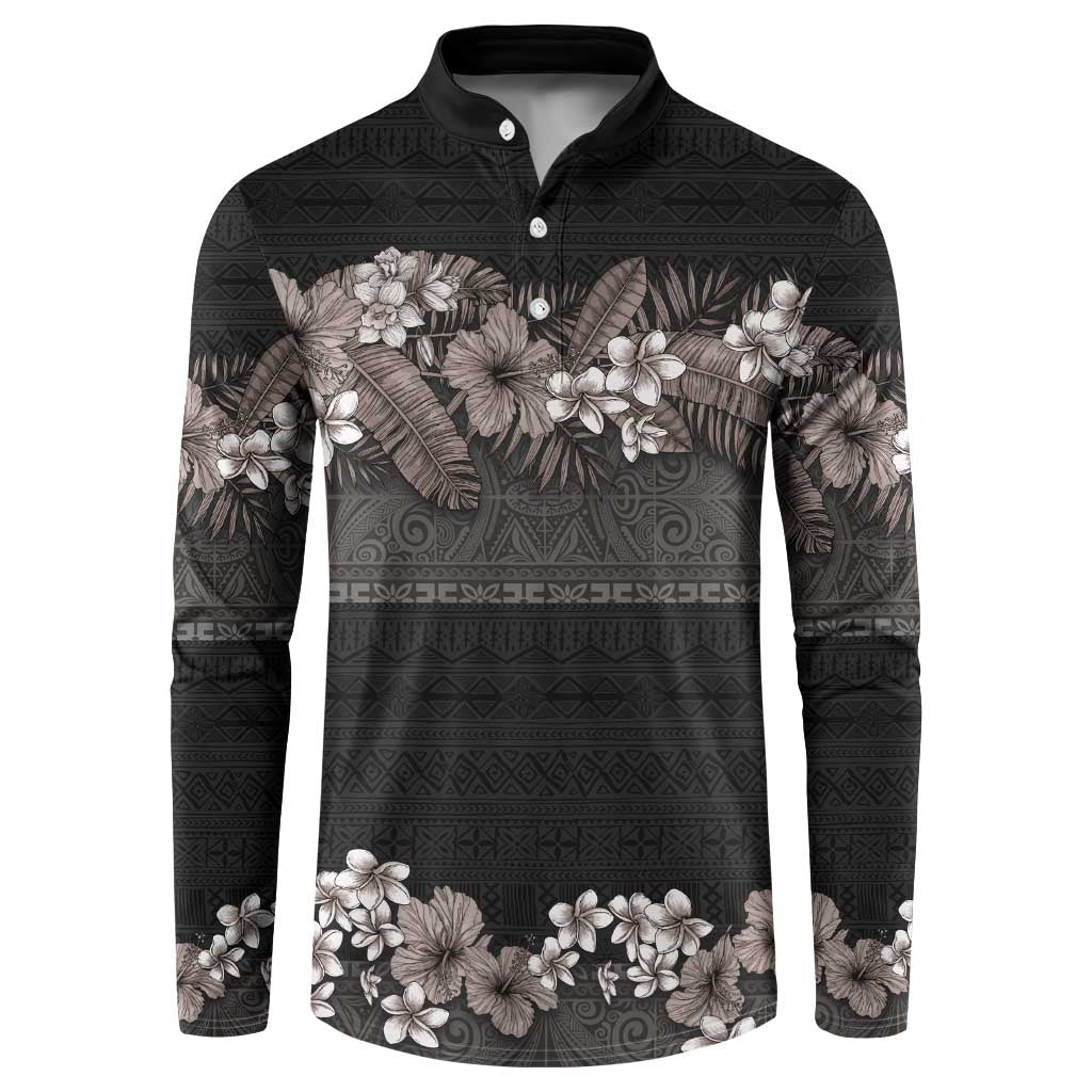 Hawaiian Tropical Flowers and Tribal Polynesian Tattoo Button Sweatshirt Grayscale Mode