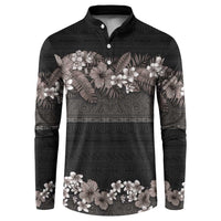 Hawaiian Tropical Flowers and Tribal Polynesian Tattoo Button Sweatshirt Grayscale Mode LT03 Black - Polynesian Pride