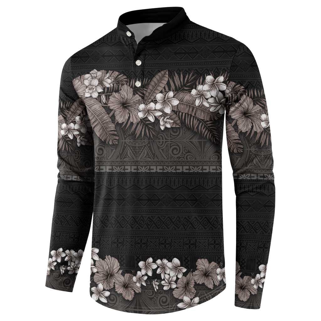 Hawaiian Tropical Flowers and Tribal Polynesian Tattoo Button Sweatshirt Grayscale Mode LT03 - Polynesian Pride