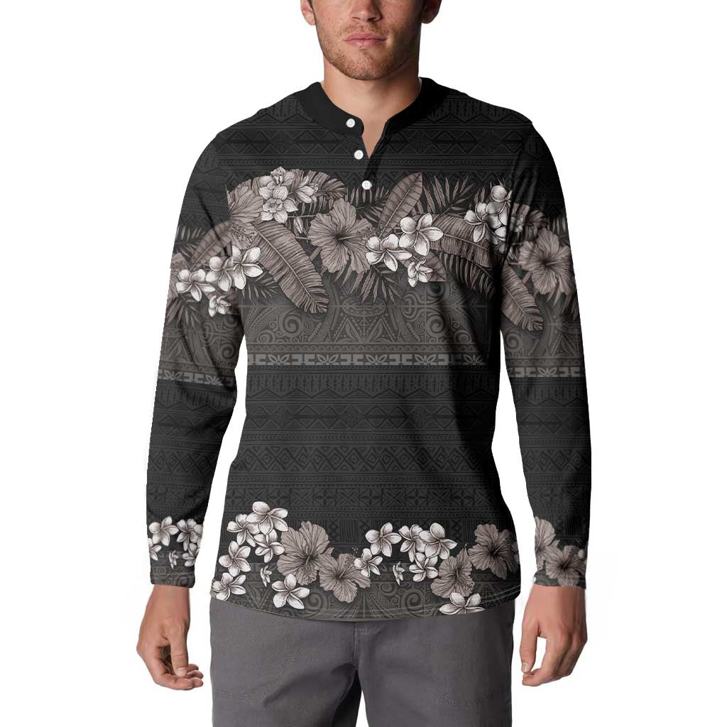 Hawaiian Tropical Flowers and Tribal Polynesian Tattoo Button Sweatshirt Grayscale Mode LT03 - Polynesian Pride
