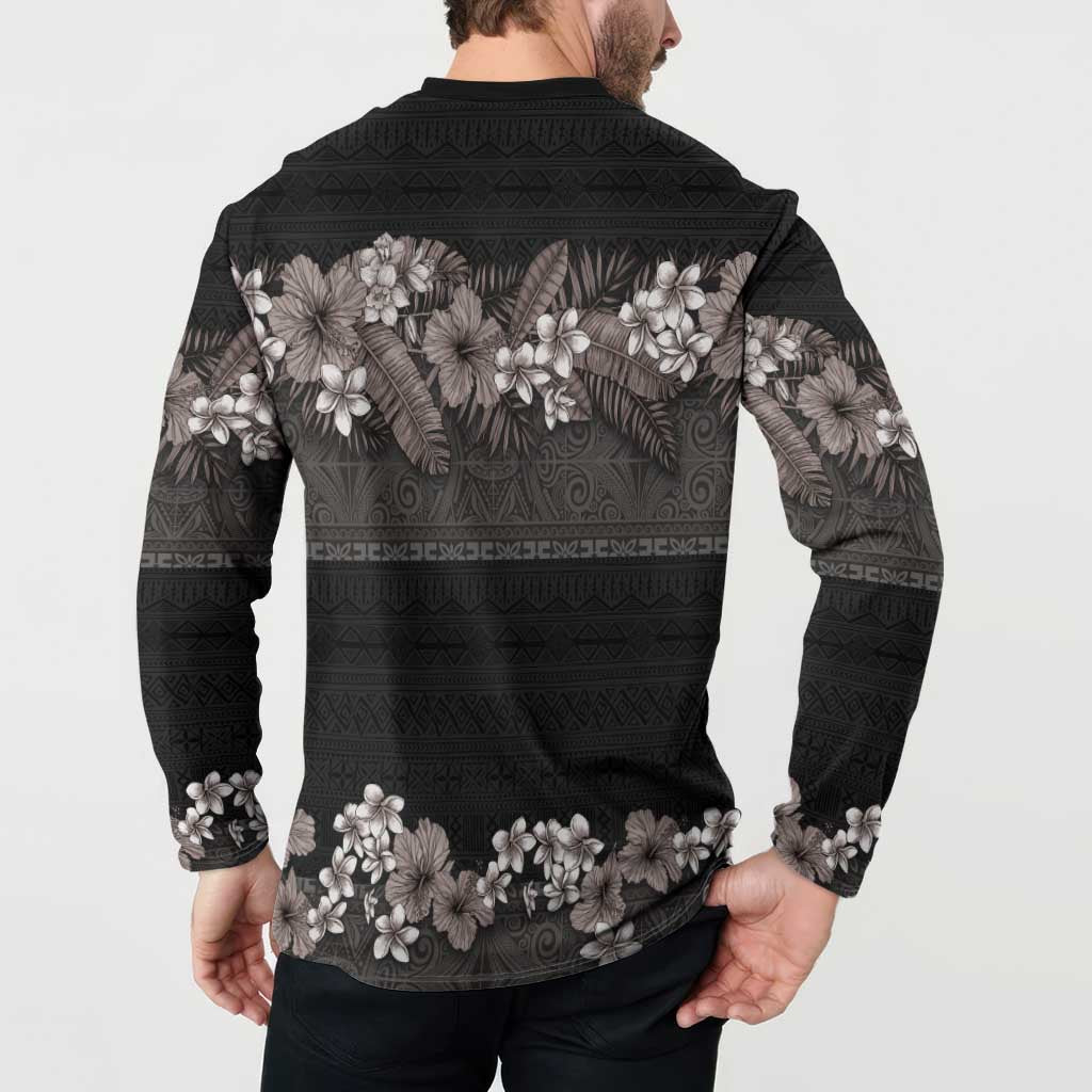 Hawaiian Tropical Flowers and Tribal Polynesian Tattoo Button Sweatshirt Grayscale Mode LT03 - Polynesian Pride
