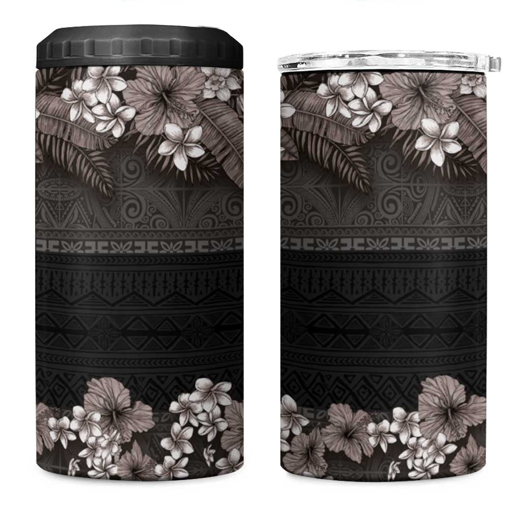 Hawaiian Tropical Flowers and Tribal Polynesian Tattoo 4 in 1 Can Cooler Tumbler Grayscale Mode