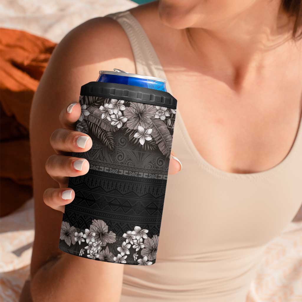 Hawaiian Tropical Flowers and Tribal Polynesian Tattoo 4 in 1 Can Cooler Tumbler Grayscale Mode