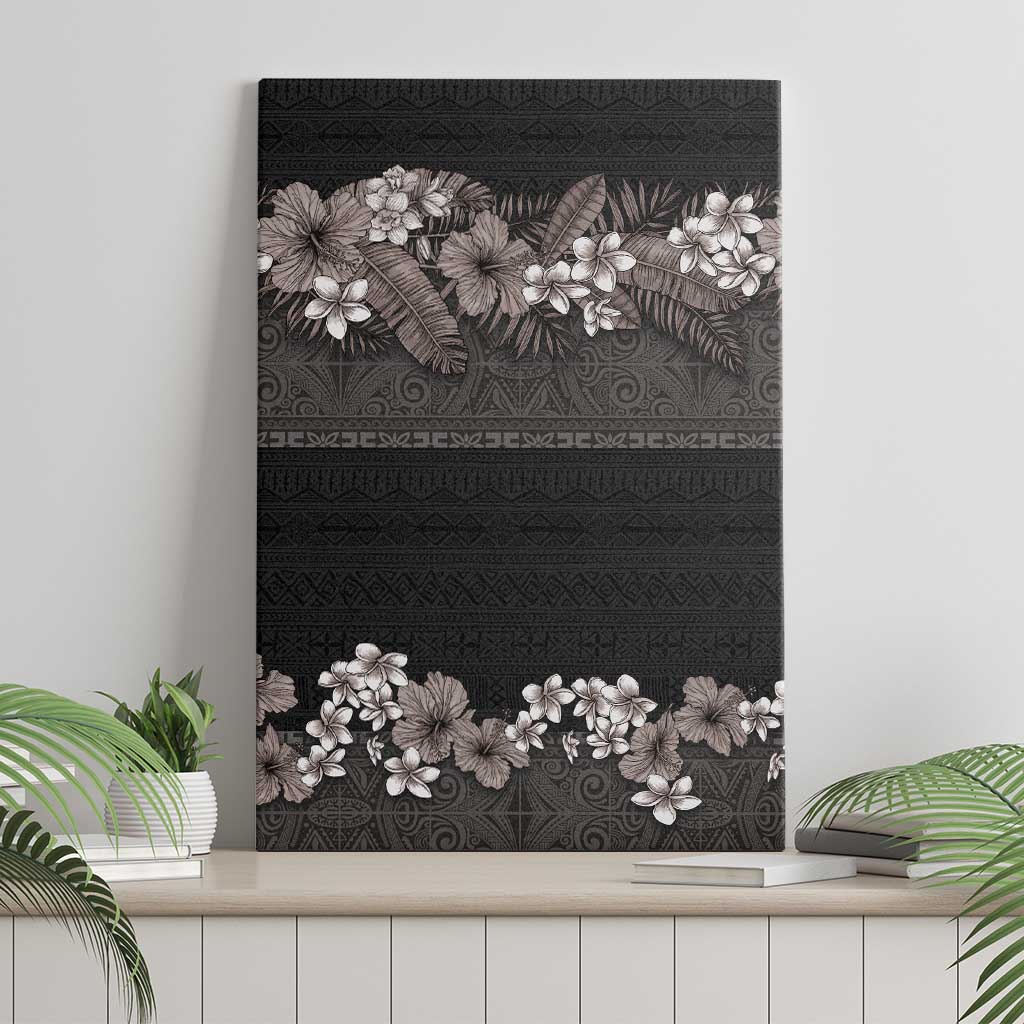 Hawaiian Tropical Flowers and Tribal Polynesian Tattoo Canvas Wall Art Grayscale Mode LT03 - Polynesian Pride
