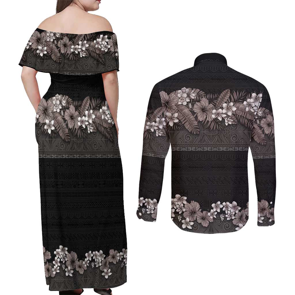 Hawaiian Tropical Flowers and Tribal Polynesian Tattoo Couples Matching Off Shoulder Maxi Dress and Long Sleeve Button Shirt Grayscale Mode LT03 - Polynesian Pride