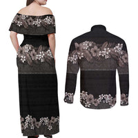 Hawaiian Tropical Flowers and Tribal Polynesian Tattoo Couples Matching Off Shoulder Maxi Dress and Long Sleeve Button Shirt Grayscale Mode LT03 - Polynesian Pride