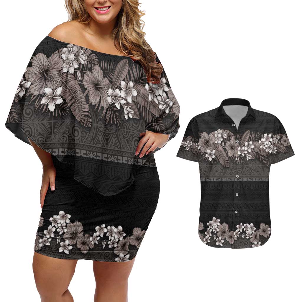 Hawaiian Tropical Flowers and Tribal Polynesian Tattoo Couples Matching Off Shoulder Short Dress and Hawaiian Shirt Grayscale Mode LT03