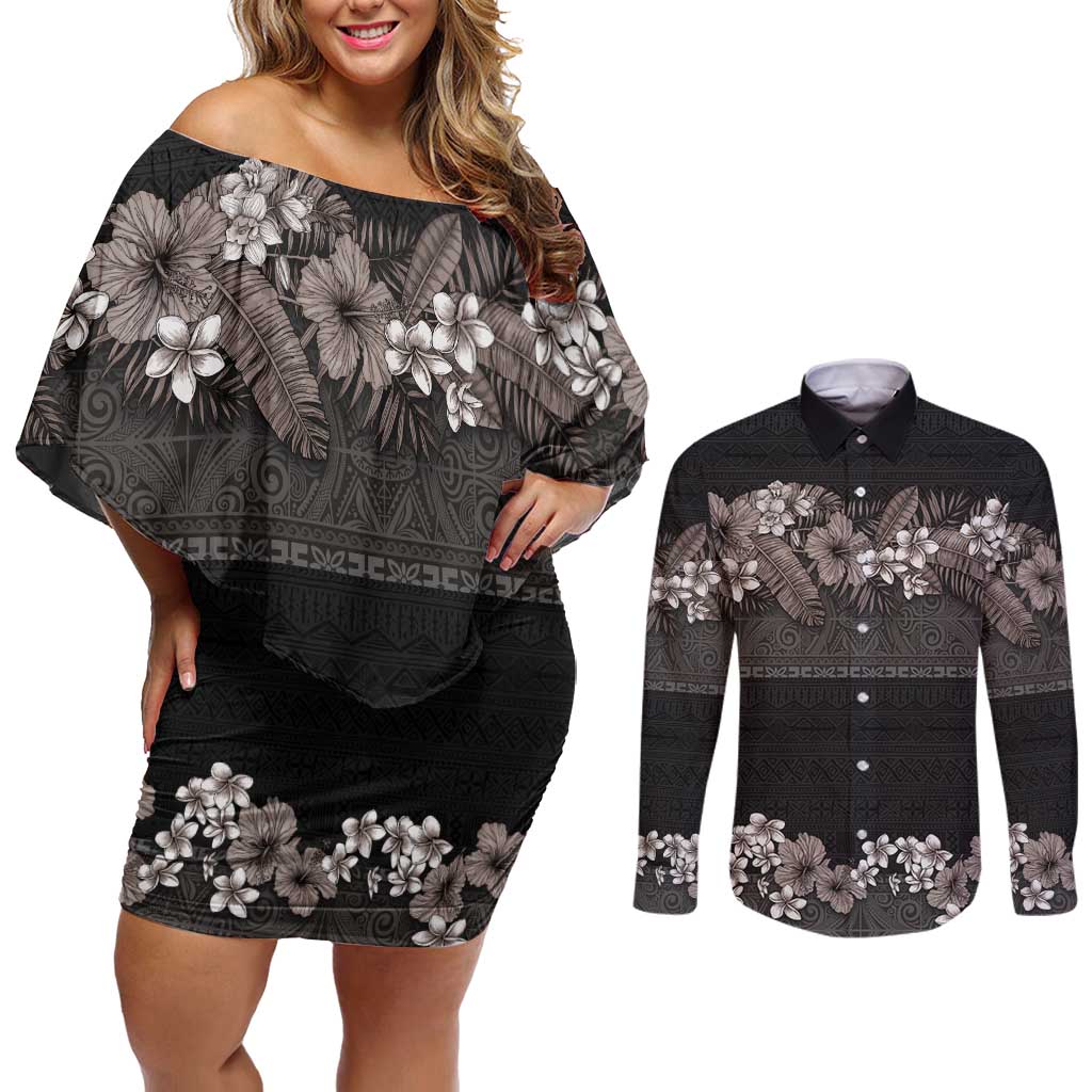 Hawaiian Tropical Flowers and Tribal Polynesian Tattoo Couples Matching Off Shoulder Short Dress and Long Sleeve Button Shirt Grayscale Mode LT03 Black - Polynesian Pride