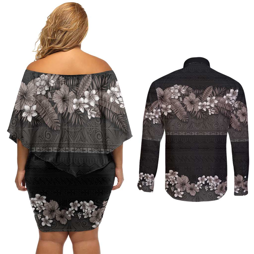 Hawaiian Tropical Flowers and Tribal Polynesian Tattoo Couples Matching Off Shoulder Short Dress and Long Sleeve Button Shirt Grayscale Mode LT03