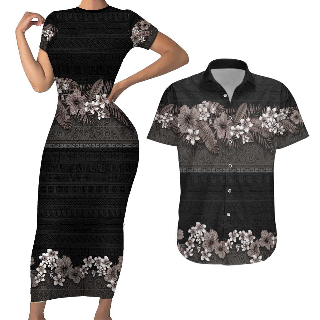 Hawaiian Tropical Flowers and Tribal Polynesian Tattoo Couples Matching Short Sleeve Bodycon Dress and Hawaiian Shirt Grayscale Mode LT03 Black - Polynesian Pride