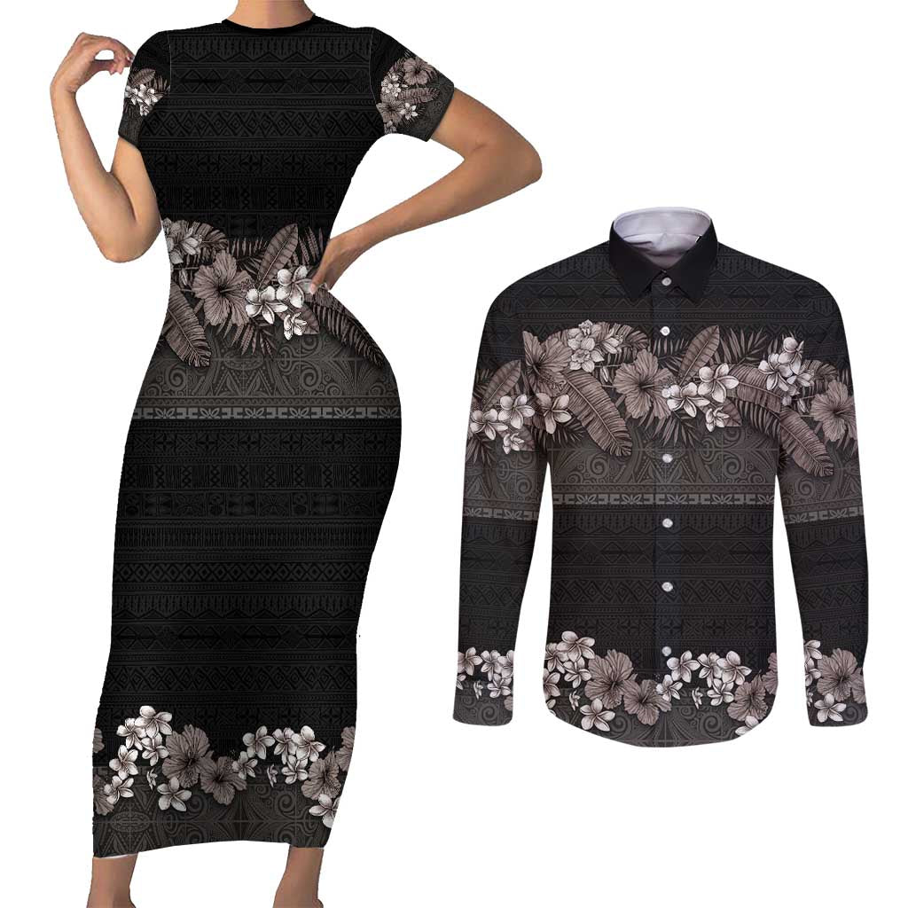 Hawaiian Tropical Flowers and Tribal Polynesian Tattoo Couples Matching Short Sleeve Bodycon Dress and Long Sleeve Button Shirt Grayscale Mode