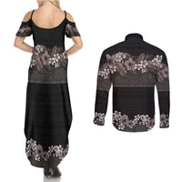 Hawaiian Tropical Flowers and Tribal Polynesian Tattoo Couples Matching Summer Maxi Dress and Long Sleeve Button Shirt Grayscale Mode LT03 - Polynesian Pride