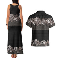 Hawaiian Tropical Flowers and Tribal Polynesian Tattoo Couples Matching Tank Maxi Dress and Hawaiian Shirt Grayscale Mode