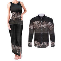 Hawaiian Tropical Flowers and Tribal Polynesian Tattoo Couples Matching Tank Maxi Dress and Long Sleeve Button Shirt Grayscale Mode LT03 Black - Polynesian Pride