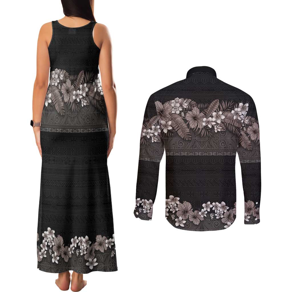 Hawaiian Tropical Flowers and Tribal Polynesian Tattoo Couples Matching Tank Maxi Dress and Long Sleeve Button Shirt Grayscale Mode LT03 - Polynesian Pride